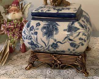 We have several blue and white ceramic pieces.