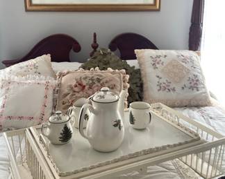 Headboard of 4;poster bed. Measures: 89 length, 64” wide. Price with mattress and box springs is: $395.00 . Steps included in price.