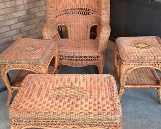 Natural wicker patio rocking chair / rocker, wicker outdoor coffee table, vintage brown wicker end tables / side tables /accent tables