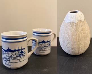 pair of vintage-style stoneware souvenir coffee mugs blue and white image of the Poulsbo, Washington marina