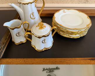 Hutschenreuther Selb Bavaria porcelain tea set with gold trim and a monogram