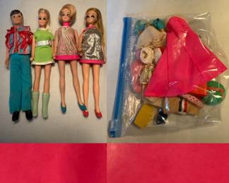 4  vintage Topper Dawn dolls and accessories from the 1970s