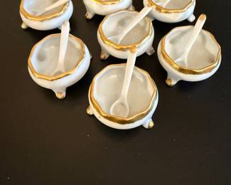 Set 7 Antique Porcelain Footed Salt Cellars w/spoons