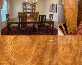 Mid Century American of Martinsville China Cabinet, Burl Table-Smoke Glass Inserts w/2 Leaves & 8 Chairs