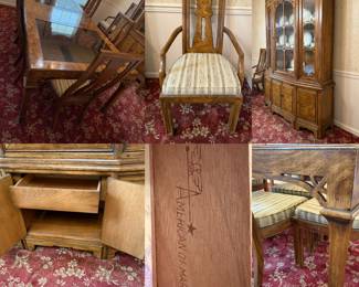 Mid Century American of Martinsville Set 8 Mid Century Burlwood Sculptural Chairs
American of Martinsville 2 pc Burl China Cabinet
American of Martinsville Burl Dining Table Smoke Glass Inserts & 2 Leaves