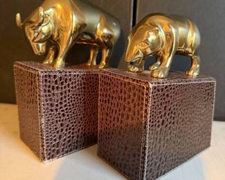 Bear & Bull Brass Stock Market Bookends Leather Like Base 