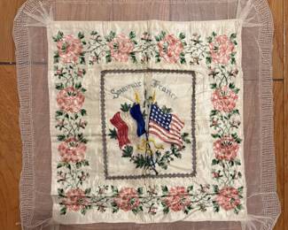 WWl-era "Souvenir de France" embroidered silk pillow sham or cover