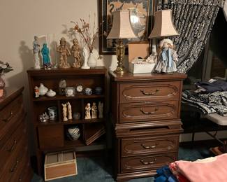 Two Johnson Carper beside tables.   Matching dresser/mirror and tall boy shown in separate pictures.