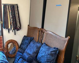 King size bed.  White Fine Furniture.   Has matching tall boy and dresser/mirror.  Blue king bedding is complete with shams, throw pillows, comforter, bedskirt.