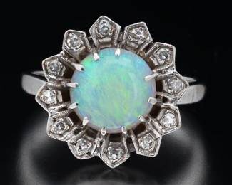 Ladies Gold, Opal and Diamond Sunflower Style Ring 