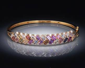 18K Yellow Gold GIA Certified Sapphire and Diamond Bangle Bracelet
