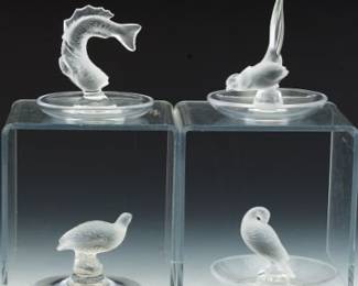 Lalique France Three Clear and Frosted Crystal Figurines Ring Holders and Baccarat Paper Weight