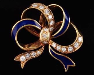 1930s 14K Gold and Diamond Enameled French Bow Brooch