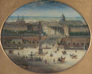 Grand Tour Reverse Mix Media Painting and Abalone Shell on Glass, Place de la Concorde Paris, ca. 19th Century 