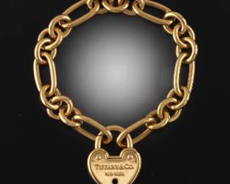 Ladies 18K Gold Chain and Lock Charm Bracelet, Marked Tiffany  Co.