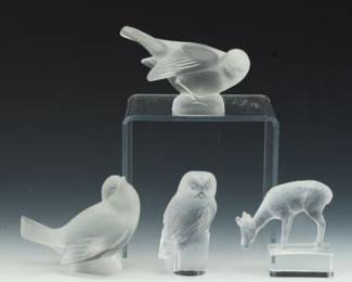 Lalique France Four Clear and Frosted Crystal Figurines, Two Sparrows, Owl and Deer 