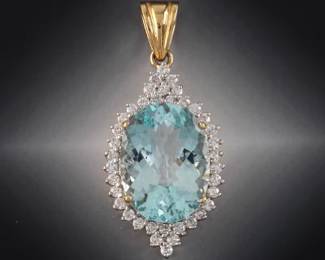Ladies TwoTone Gold, Aquamarine and Diamond Pendant 