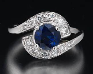 Ladies Art Deco Style Platinum, Blue Sapphire and Diamond Bypass Ring 