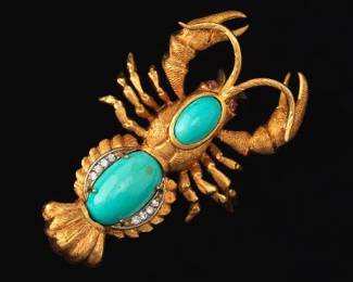 Exceptional 18K Gold, Turquoise and Diamond Lobster Brooch 
