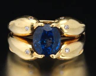 FRED Italian 18K Gold and Blue Sapphire Dolphins Ring 
