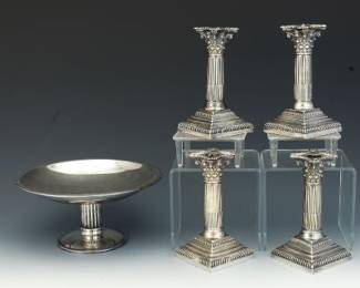 Antique Silver Plated Four Corinthian Candlesticks and Tazza, by William Hutton Sons, Sheffield, England 