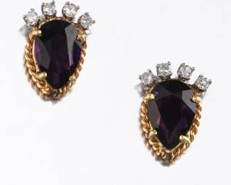 Ladies Vintage Pair of Gold, Amethyst and Diamond Earrings 
