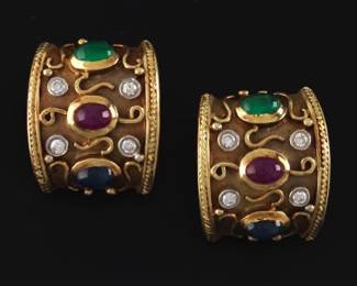 Elizabeth Gage Style Pair of Gold, Diamond and Gem Stones Earrings 