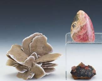 Group of Three Mineral Specimens Desert Rose, Rhodochrosite Freeform, and Vanadinite on Matrix