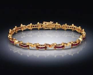 Ladies 18K Gold, Ruby and Diamond Tennis Bracelet 