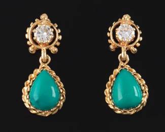 Ladies Vintage Pair of Gold, Persian Turquoise and Diamond Earrings 