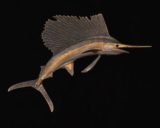 CR Buck Co. Exceptional 18K Gold and Blue Sapphire Patinated Sailfish Slider 