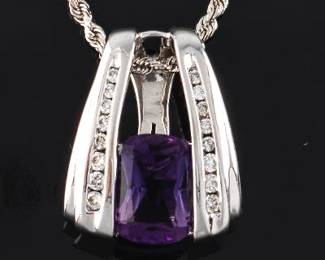 14K Amethyst and Diamond Pendant and Diamond Cut Chain