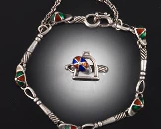 GUCCI Vintage Scarce Steering Silver and Enamel Bracelet and Ring, Equestrian Jockey Hat Design 