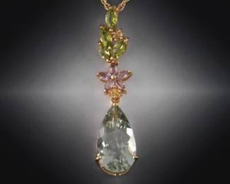 Ladies Gold, Aquamarine, Amethyst and Peridot Pendant on Chain 