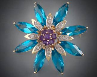 Ladies Gold, London Blue Topaz, Amethyst and Diamond Star Pin Brooch 
