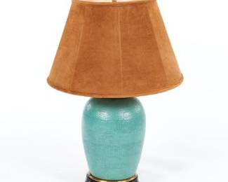 Frederick Copper Chinoiserie Style Turquoise Enamelled Porcelain Lamp with Suede Shade 