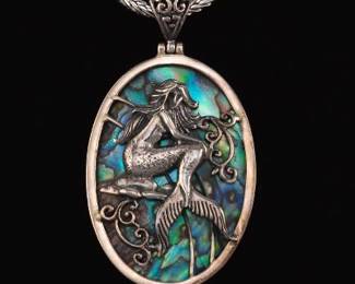 Ladies Sterling Silver and Abalone Mermaid Large Pendant on Chain 