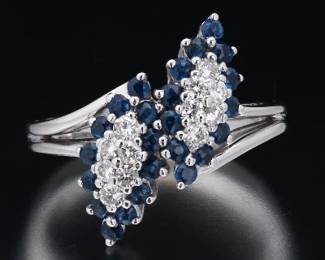 Ladies Gold, Diamond and Blue Sapphire Bypass Ring 
