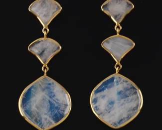 Ladies Pair of Gold and Iridescent Moon Stone Dangle Earrings 