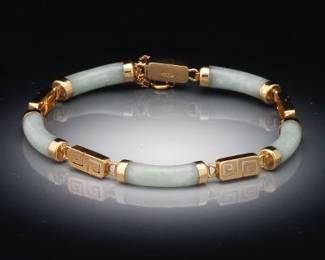 Ladies Gold and Jadeite Jade Station Bracelet 