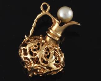 Arabesque Design Gold and Pearl Ewer Charm Pendant 