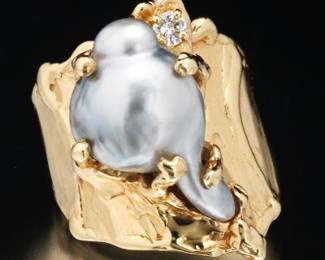 Ladies Gold, Diamond and Baroque Silver Pearl Fashion Ring 