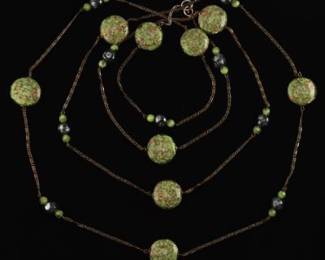 Ladies Mix Metals and Gold Flakes Murano Glass Sautoir Extra Long Necklace 