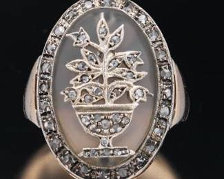 14K Gold Diamond and Camphor Glass Circa 1900 Ring 