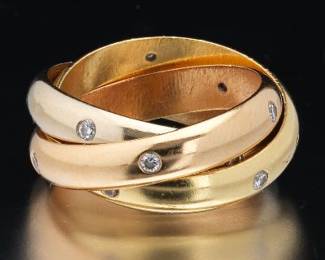 Cartier Style TriColor Gold and Diamond Rolling Bands