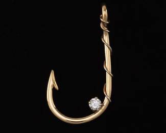 Novelty Gold and Diamond Fishing Hook Pendant 