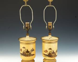 Pair of Chinoiserie Tole Painted Metal Lamps with Silk Shades 