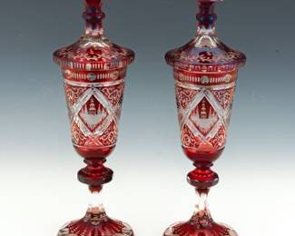 Pair of Bohemian Ruby Glass Covered Pokals, ca. 19th Century
