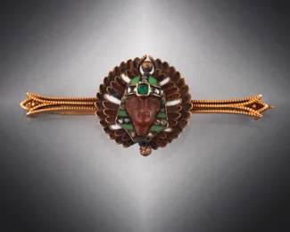 Victorian Egyptian Revival Gold, Carnelian, Emerald, Diamond and Enamel Pharaoh Pin Brooch 
