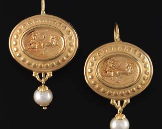 Tagliamonte Italian Pair of Gold, Mother of Pearl and Pearl NeoClassical Style Earrings 